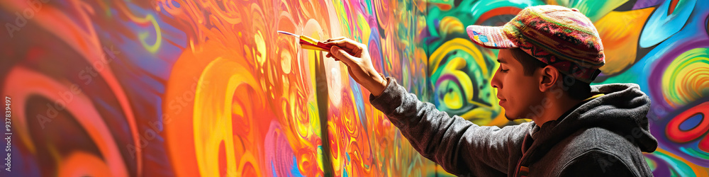 Fototapeta premium Hispanic male artist painting a colorful mural on a city wall.