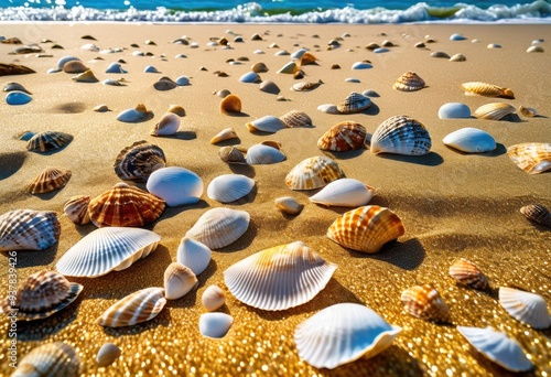 colorful seashells spread across sandy coastal shoreline under bright blue sky gentle waves lapping beach, coastline, ocean, vibrant, summer, nature, marine photo