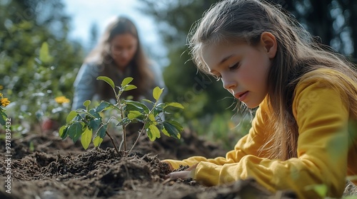 Group of volunteers planting new seedlings around the forest area digging up holes and installing trees seeds for nature conservation and protection Mother and little girl take action : Generative AI