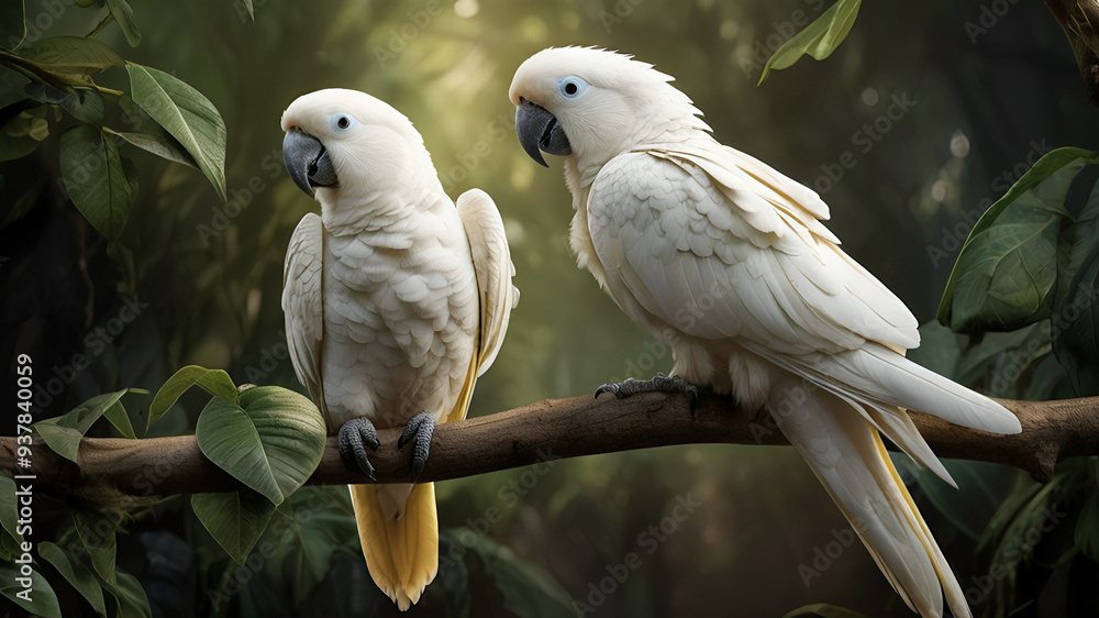 Two white cockatoo parrots sitting on a branch in a tropical rainforest Two white cockatoo parrots sitting on a branch in a tropical rainforest