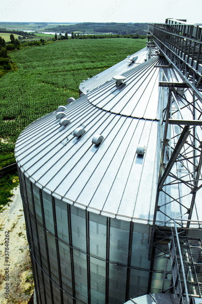 Close-up of large grain storage silos with precision-engineered metal roofs. Essential for high-capacity agricultural storage facilities. Vertical photo