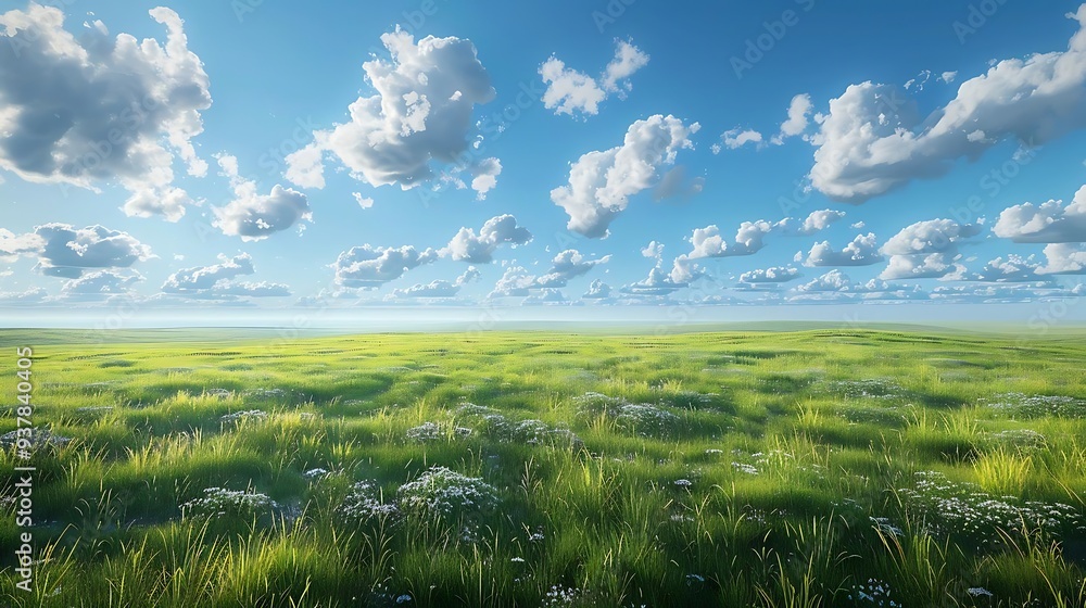 A serene landscape featuring lush green grass under a bright blue sky with fluffy clouds. A serene landscape featuring lush green grass under a bright blue sky with fluffy clouds.