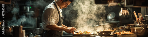 Asian male chef cooking delicious food in a busy restaurant kitchen photo