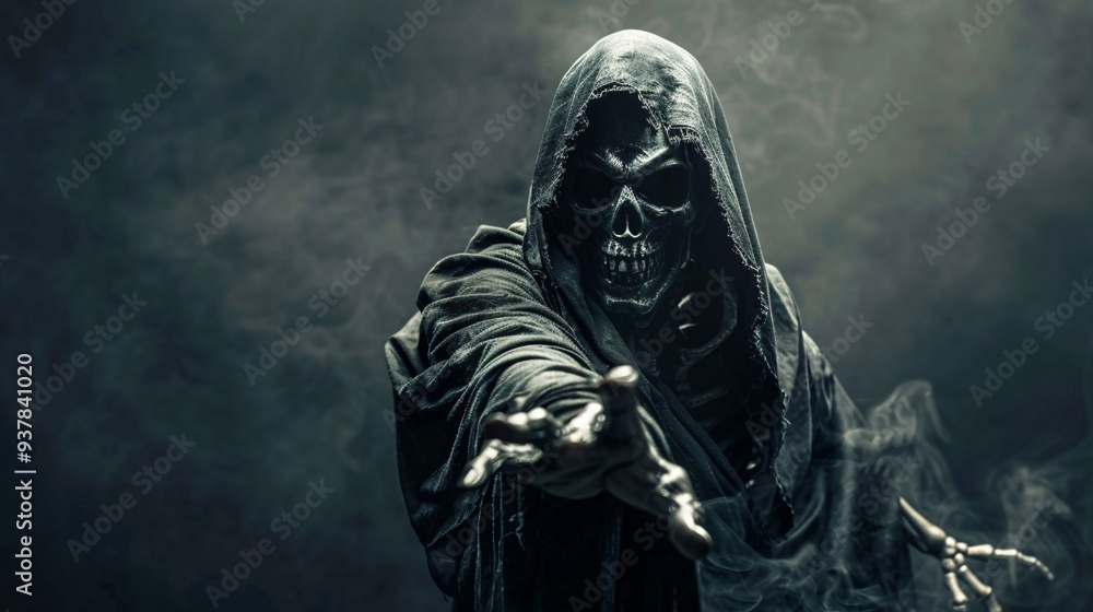 Scary grim reaper in a dark room with smoke. Halloween concept. Scary grim reaper in a dark room with smoke. Halloween concept.