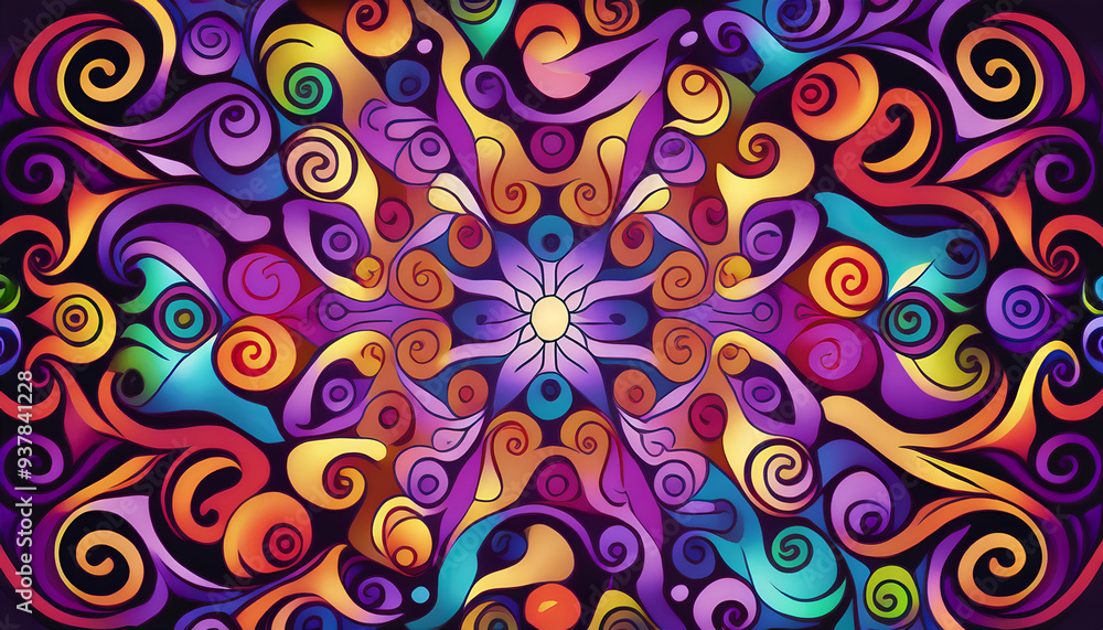 Colorful swirling abstract art featuring intricate patterns and harmonious hues radiating from a central point Colorful swirling abstract art featuring intricate patterns and harmonious hues radiating from a central point