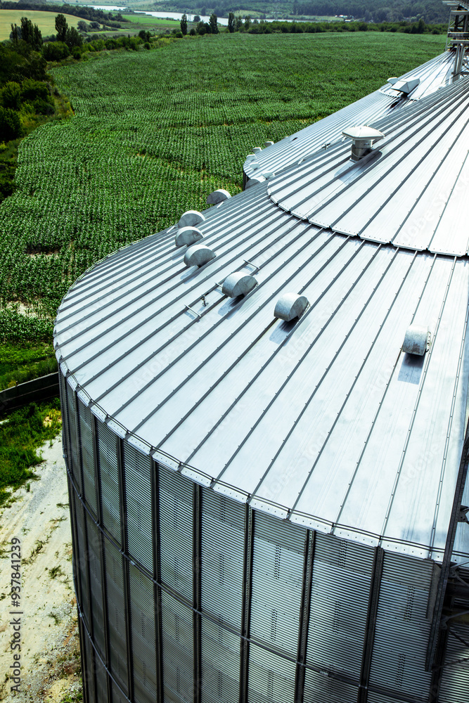 Close-up of large grain storage silos with precision-engineered metal roofs. Essential for high-capacity agricultural storage facilities. Vertical photo