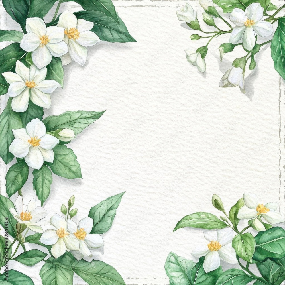 Fototapeta premium Jasmine with textured border, watercolor texture, isolated on white background, watercolor on white background, no blur, photo not dark, everything is clear, copy space