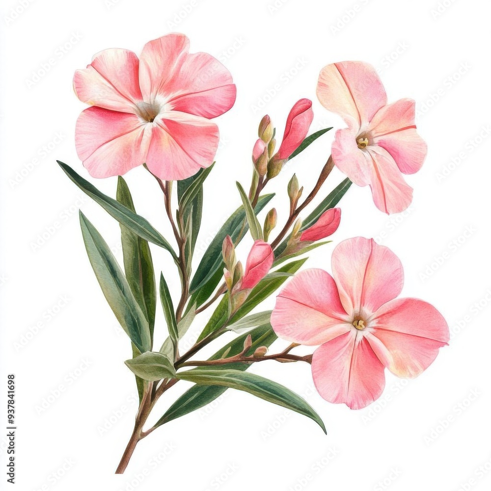 Obraz premium Oleander with artistic border, brushstroke effect, isolated on white background, watercolor on white background, no blur, photo not dark, everything is clear, copy space