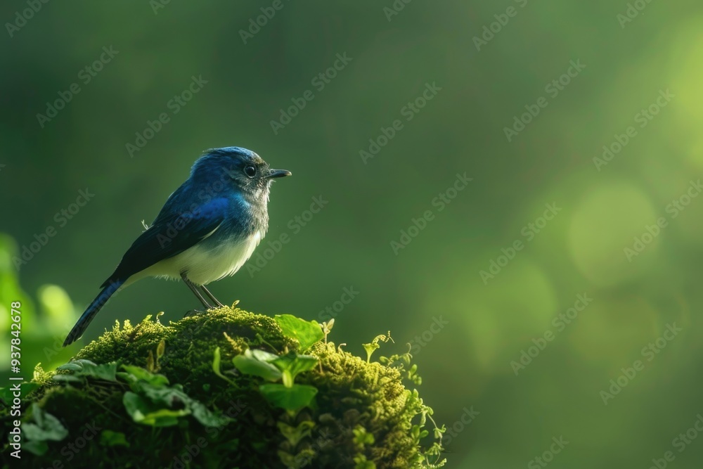 Naklejka premium A small blue bird perched on top of a moss-covered tree, a serene and peaceful scene