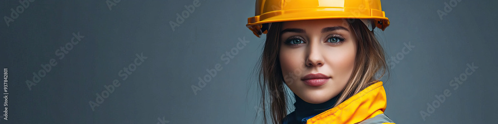 Rugged Caucasian woman industrial worker, wearing yellow hard hat and work jacket, standing against gray background Rugged Caucasian woman industrial worker, wearing yellow hard hat and work jacket, standing against gray background