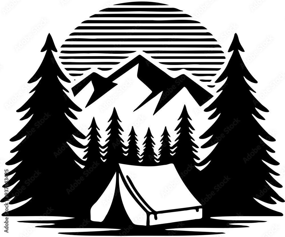 Obraz premium Simple black and white camping scene photo with mountains in the background, pine trees on the sides, and a tent in the foreground with no shading or color fill.