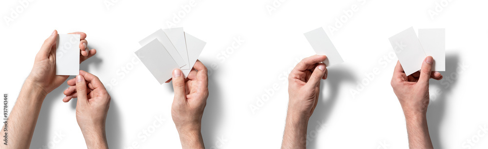 © h3design - Two hands display blank cards in varying configurations, suggesting a brainstorming session or game preparation while set against a stark white backdrop