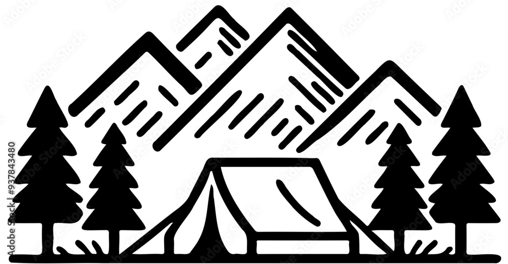 Fototapeta premium Simple black and white camping scene photo with mountains in the background, pine trees on the sides, and a tent in the foreground with no shading or color fill.