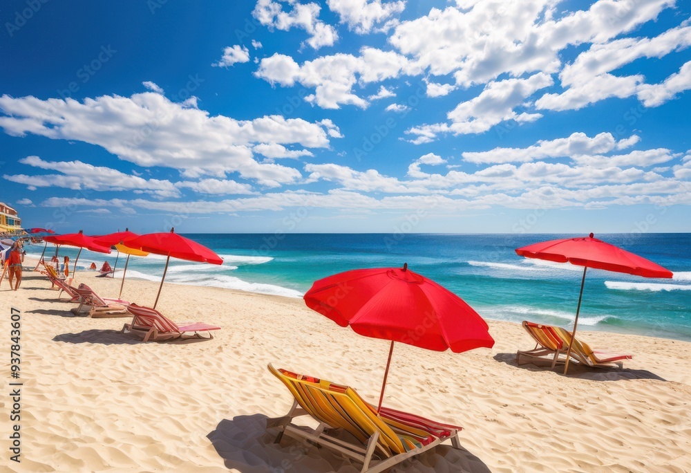 Fototapeta premium stunning beach scene showcasing brightly colored umbrellas backdrop gentle rolling waves clear blue sky, view, sand, ocean, summer, coastline, horizon