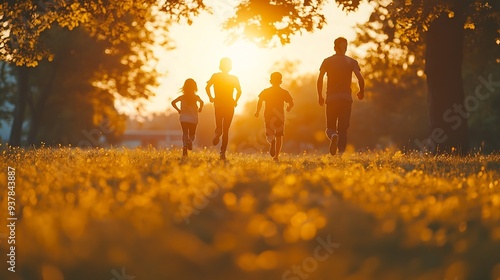 Happy family running and having fun in summer park enjoying sunny day in nature Mother father and their cheerful children boy and girl walking on green grass outdoors at sunset togethe : Generative AI photo