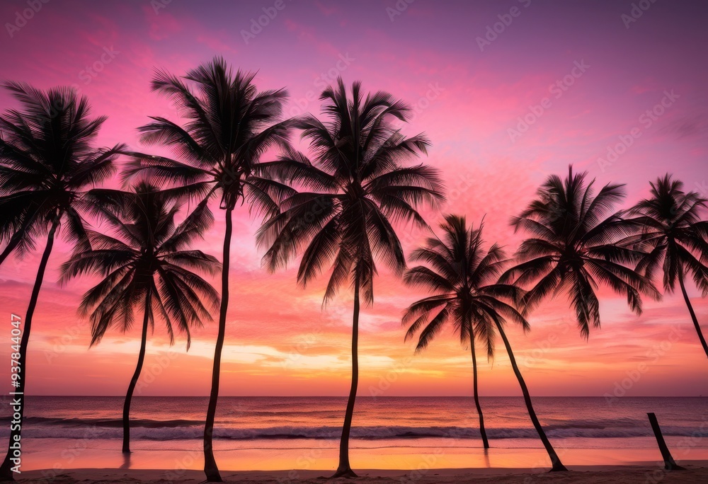 vibrant beach scenery featuring swaying palm trees backdrop breathtaking sunsets over calm ocean waters, sky, cloud, evening, nature, landscape, colorful vibrant beach scenery featuring swaying palm trees backdrop breathtaking sunsets over calm ocean waters, sky, cloud, evening, nature, landscape, colorful