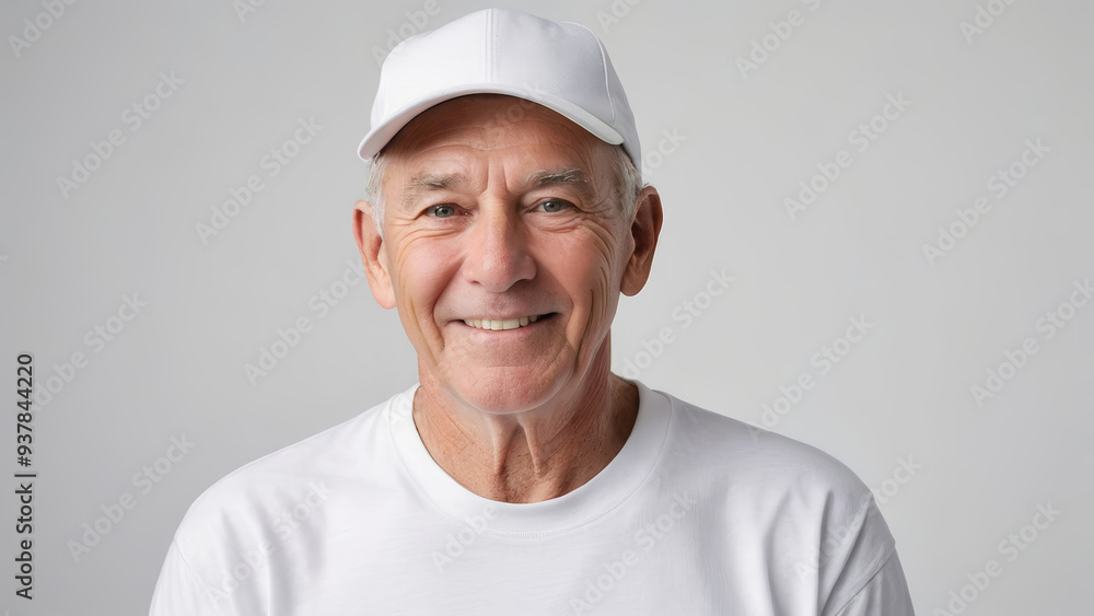 Senior man wearing white t-shirt and white baseball cap isolated on grey background Senior man wearing white t-shirt and white baseball cap isolated on grey background