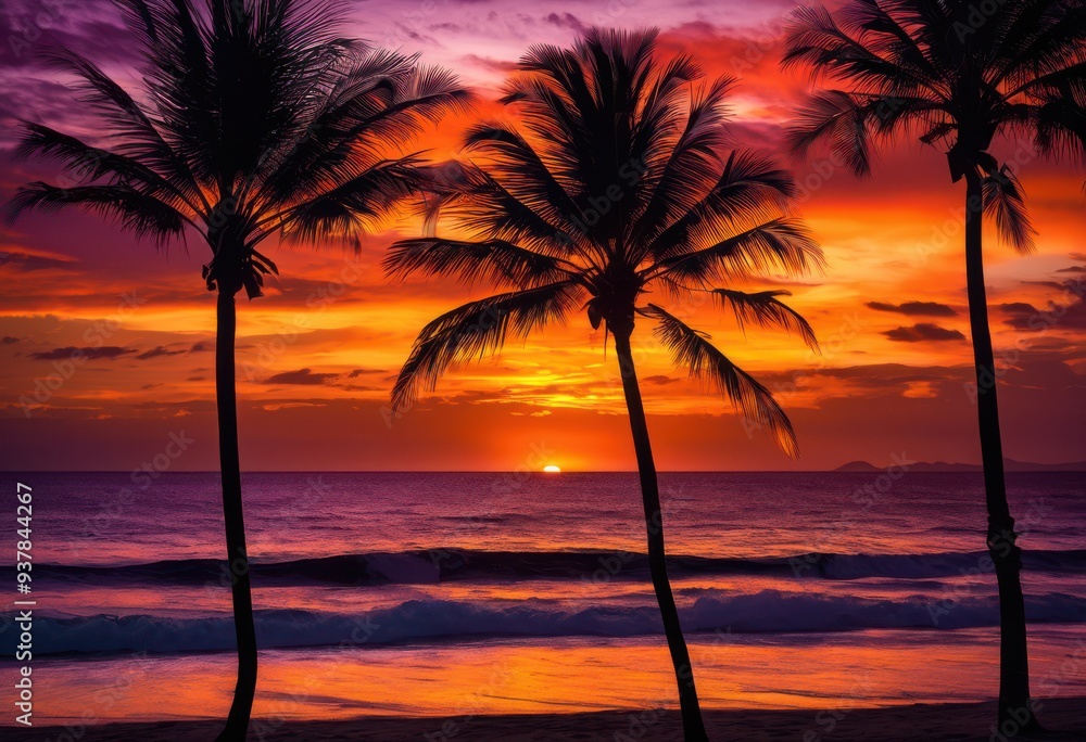 Obraz premium tropical palm silhouettes framed vibrant sunset stunning color gradients, sky, orange, red, yellow, clouds, nature, landscape, light, scene, beauty, view