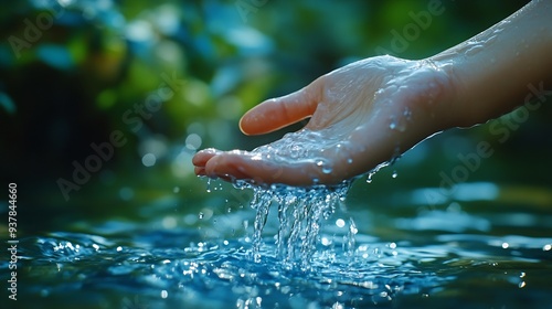 Hand under flowing water from blue outdoor faucet highlighting freshness and clean water in a natural setting : Generative AI