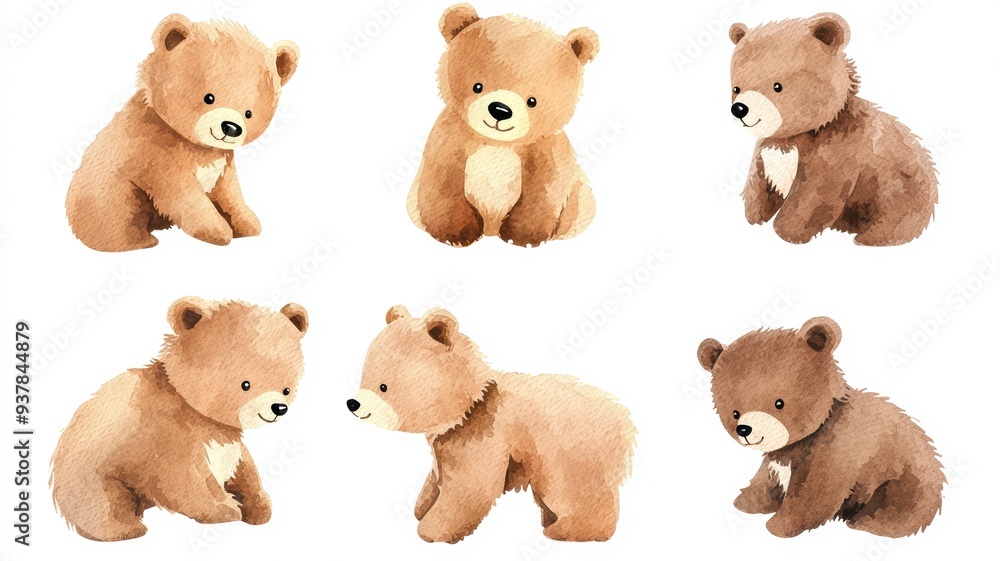 Fototapeta premium Set of baby bears, small and cuddly, playful antics, isolated, white background, Watercolor style
