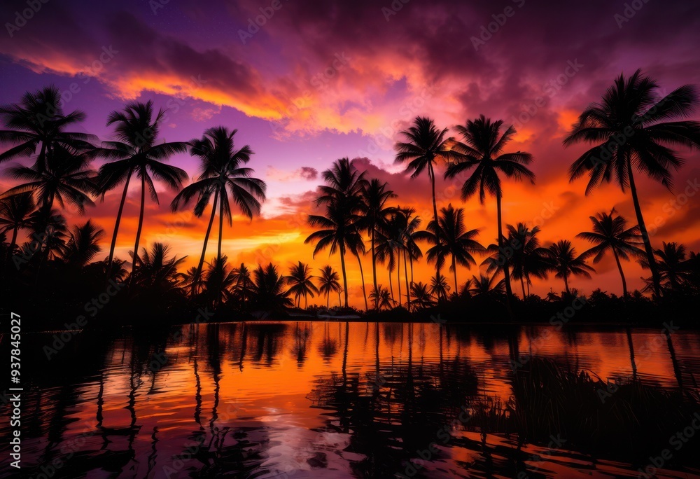 stunning vibrant sunset over silhouetted palm trees rich colors striking contrast, sky, clouds, orange, yellow, red, beauty, nature, landscape, evening stunning vibrant sunset over silhouetted palm trees rich colors striking contrast, sky, clouds, orange, yellow, red, beauty, nature, landscape, evening