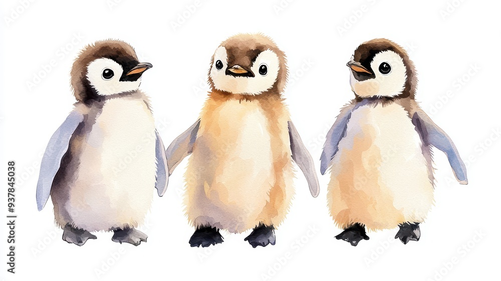 Fototapeta premium Set of baby penguins, fluffy feathers, waddling together, isolated, white background, Watercolor style