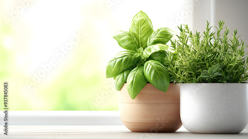 Organic herb garden pots with fresh basil mint and rose