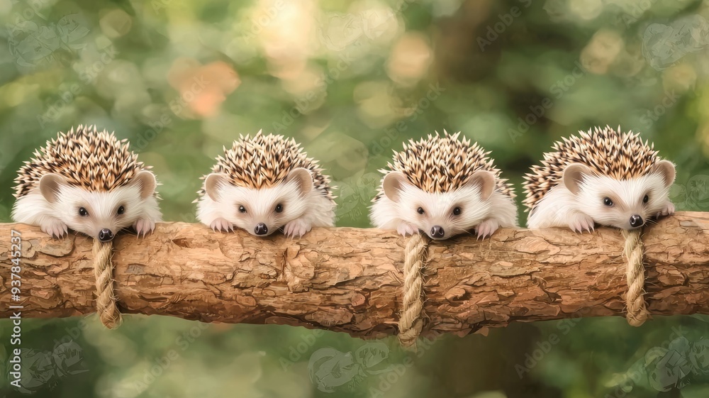 Obraz premium Set of baby hedgehogs, tiny quills, curled up, isolated, white background, Watercolor style