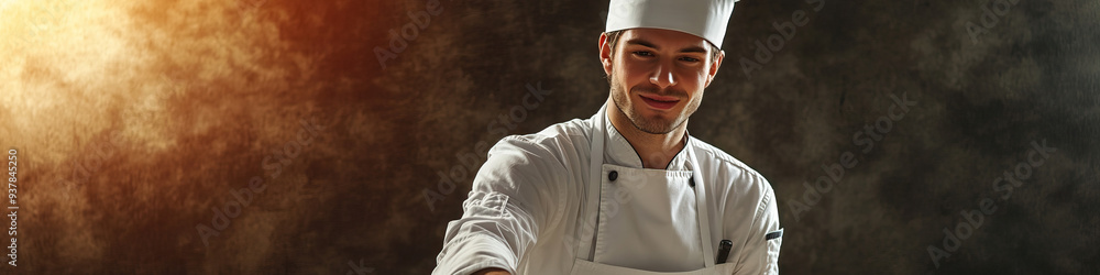Caucasian man working as chef, cooking in kitchen, wearing white hat and apron Caucasian man working as chef, cooking in kitchen, wearing white hat and apron