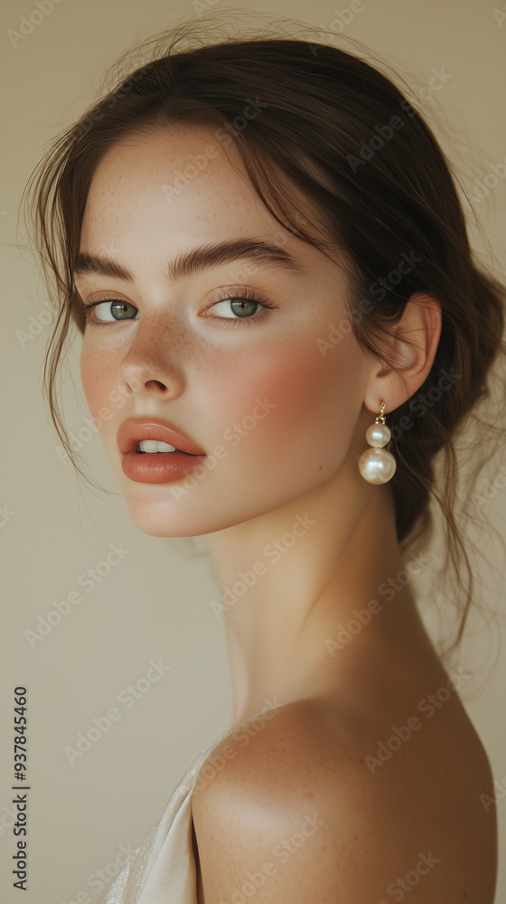 Naklejka premium close up portrait of a woman, portrait of a woman, model wearing pearl earrings, side profile of a female model
