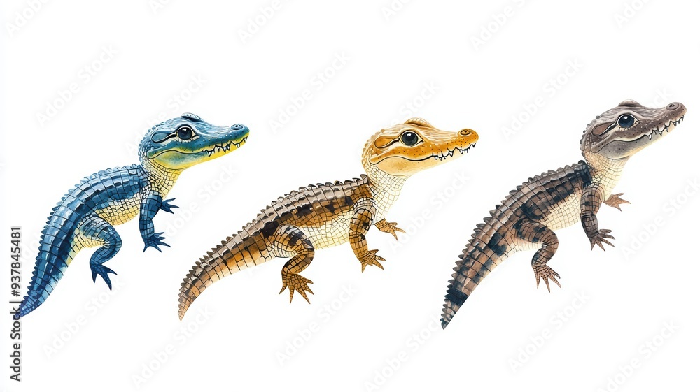Fototapeta premium Set of baby crocodiles, tiny and fierce, isolated, white background, Watercolor style