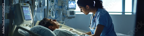 Hispanic nurse attending to patient in hospital room, giving medication photo