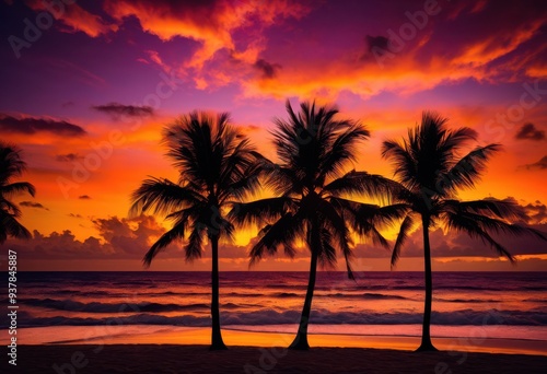 stunning vibrant palm tree silhouettes colorful sunset backdrop creating tropical paradise atmosphere, colors, sky, nature, landscape, horizon, light, shadow