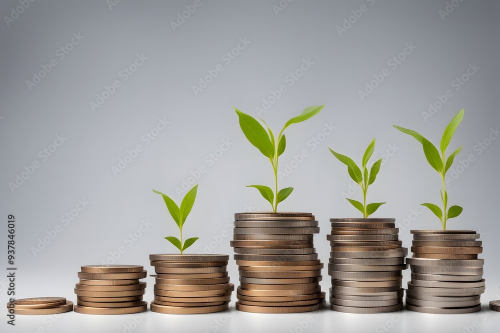 A stack of coins with seedlings growing at different angles symbolizing the unpredictability, AI Generated A stack of coins with seedlings growing at different angles symbolizing the unpredictability, AI Generated