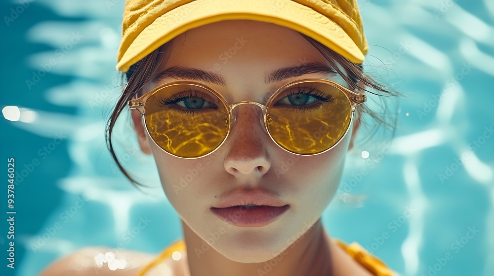 Naklejka premium Portrait of stylish young woman in yellow cap wearing sunglasses with swimming pool reflection on it Contemporary art collage Concept of summer vacation fashion Retro style Creative de : Generative AI