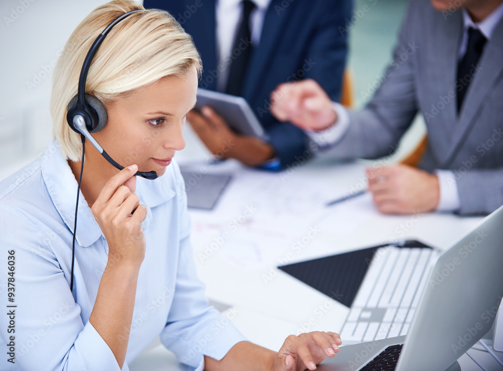 Customer support, woman and laptop with headset in office for call center, service and help desk. Business agent, work and technology with mic for outbound, b2c telemarketing and reading sales info Customer support, woman and laptop with headset in office for call center, service and help desk. Business agent, work and technology with mic for outbound, b2c telemarketing and reading sales info