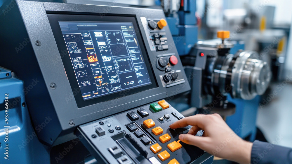 Factory worker operating cnc machine with control panel Factory worker operating cnc machine with control panel