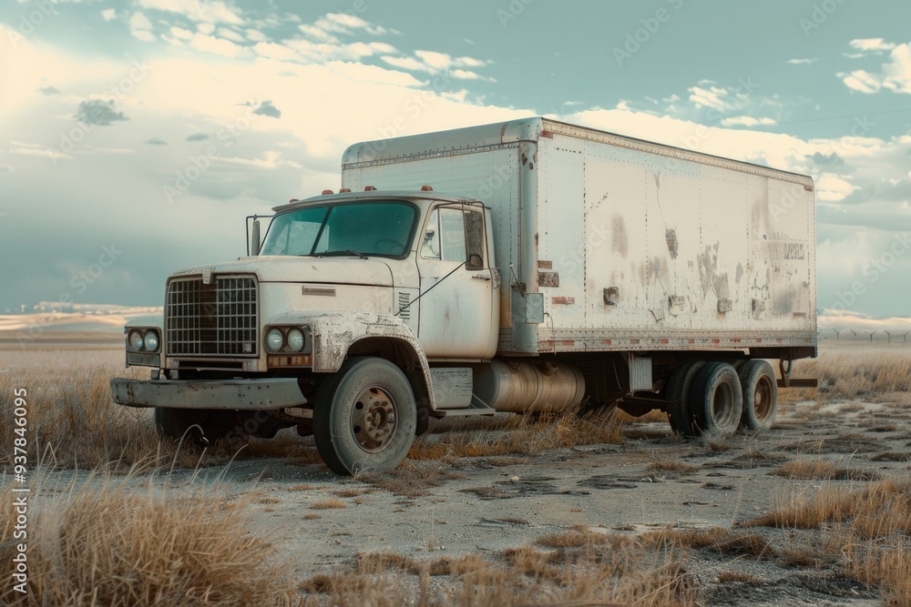 Fototapeta premium A white truck parked in a green field, surrounded by nature