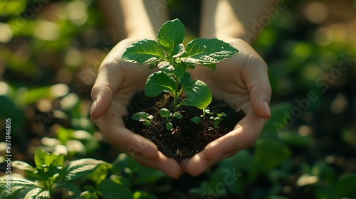 Person nature and plant for ecology with hands earth day with support for environment and natural recourses Agriculture eco friendly and green energy for sustainability collaboration a : Generative AI