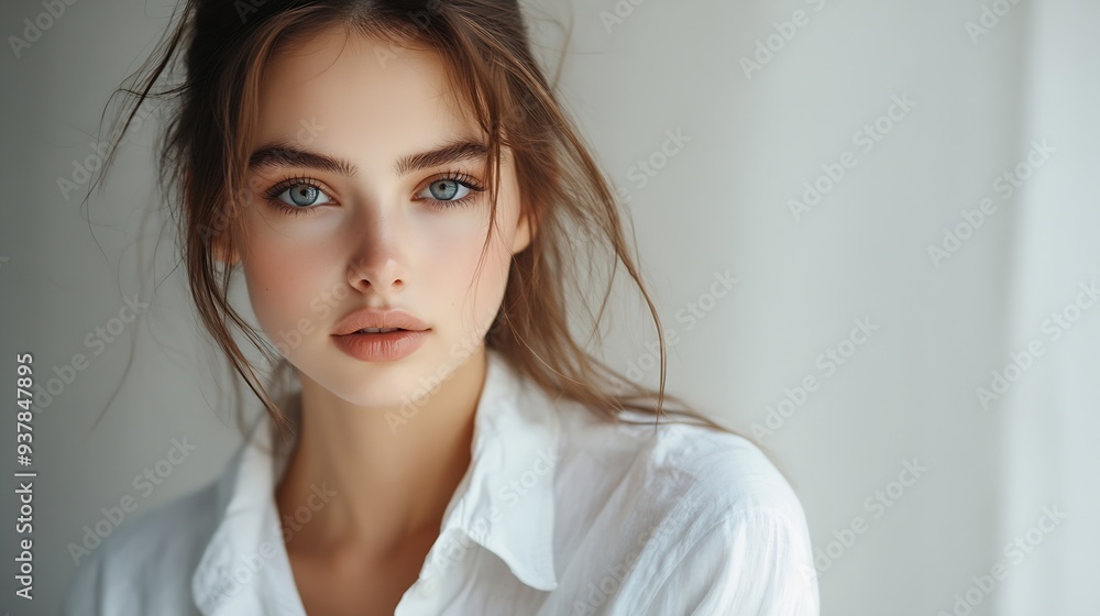 Beautiful girl model with light makeup in white shirt and jeans on light background in studio Beauty and Fashion Trendy Clothing Beauty in fashionable clothes : Generative AI Beautiful girl model with light makeup in white shirt and jeans on light background in studio Beauty and Fashion Trendy Clothing Beauty in fashionable clothes : Generative AI
