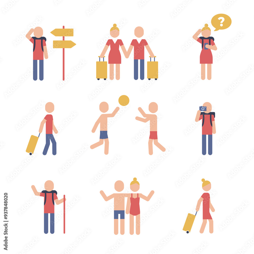 Travel vocation icon set. Collection of holiday pictograms with man and woman. Travel vocation icon set. Collection of holiday pictograms with man and woman.