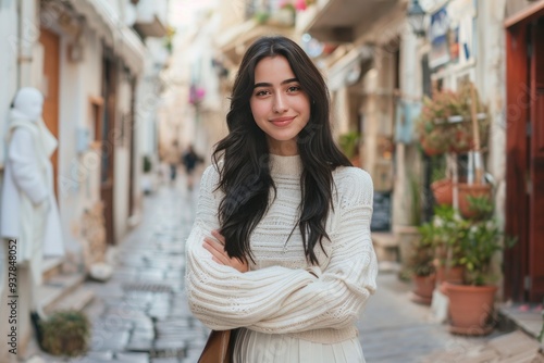 A young woman with curly hair, wearing a cozy white knit sweater, smiles while standing in a picturesque alley.