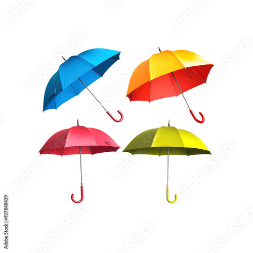 Three umbrellas of different colors on isolated on transparent background.