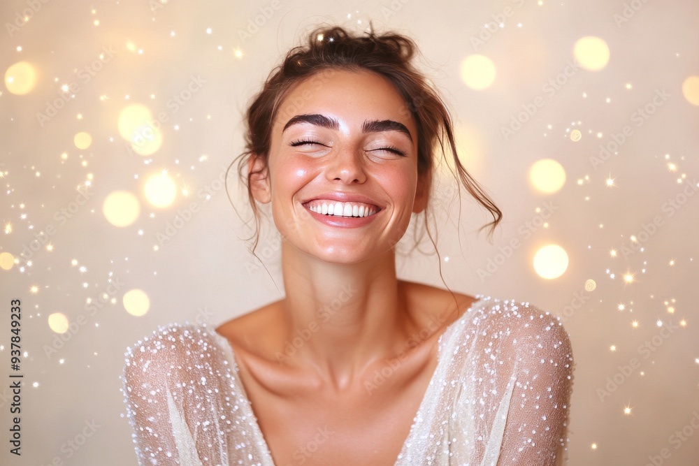 A joyful woman surrounded by golden light symbolizing the radiant energy of happiness positivity and the harmonious connection between thoughts and emotions in a serene environment A joyful woman surrounded by golden light symbolizing the radiant energy of happiness positivity and the harmonious connection between thoughts and emotions in a serene environment