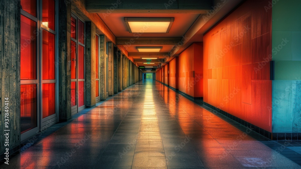 Fototapeta premium Long Hallway with Red Walls and Glass Doors