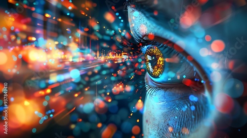 Human eye rendered with digital effects, appearing to see the future through a sea of data.