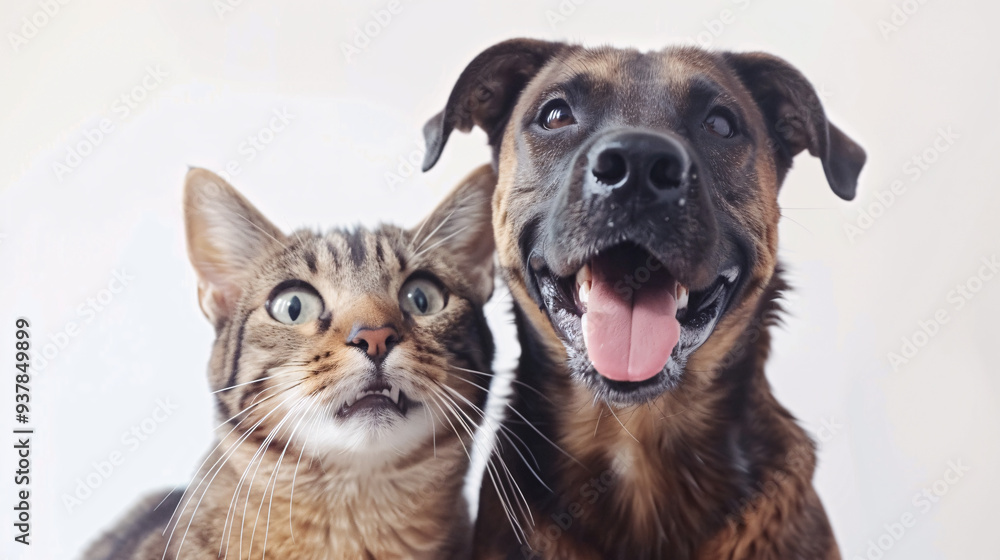Portrait of a dog and a cat on a white background, isolated in a studio setting, representing domestic pets and friendship Portrait of a dog and a cat on a white background, isolated in a studio setting, representing domestic pets and friendship