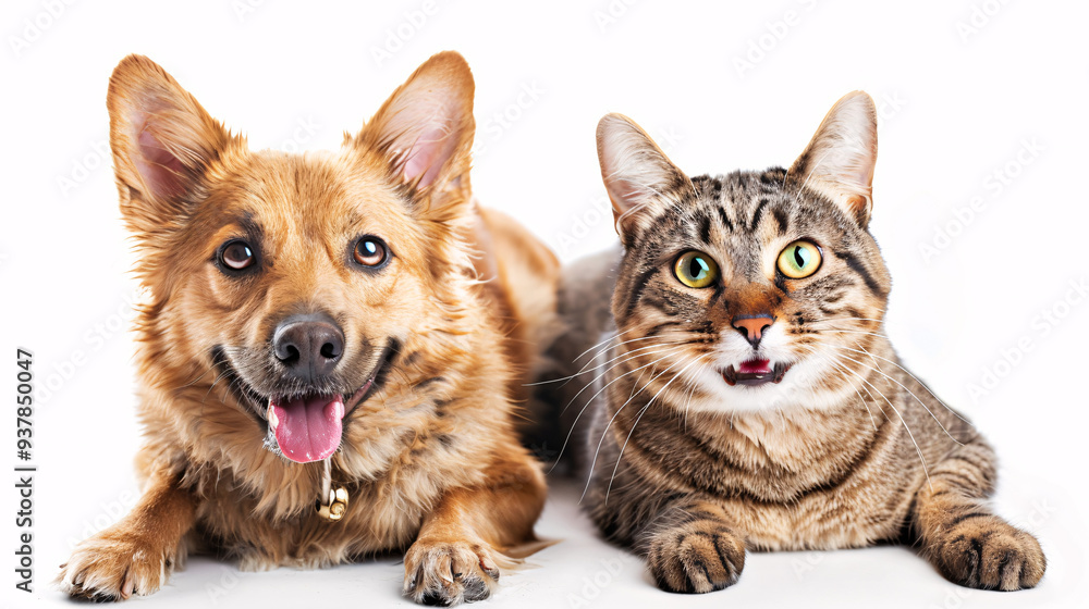 Portrait of a dog and a cat on a white background, isolated in a studio setting, representing domestic pets and friendship Portrait of a dog and a cat on a white background, isolated in a studio setting, representing domestic pets and friendship