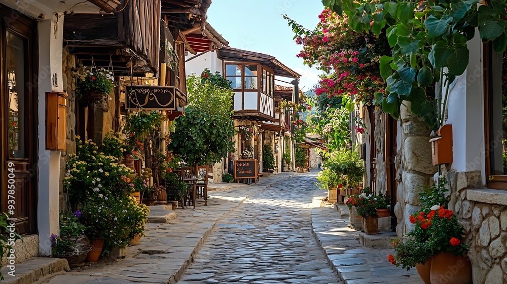 Obraz premium Traditional street in the old town of Sozopol Bulgaria : Generative AI