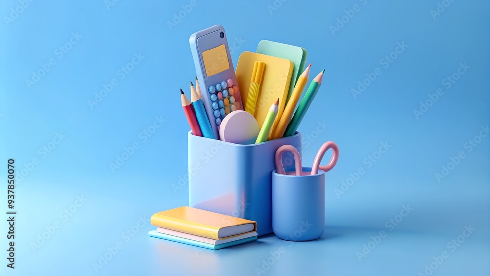 School supplies and bank card on blue background. 3D Rendering. Ai generative School supplies and bank card on blue background. 3D Rendering. Ai generative